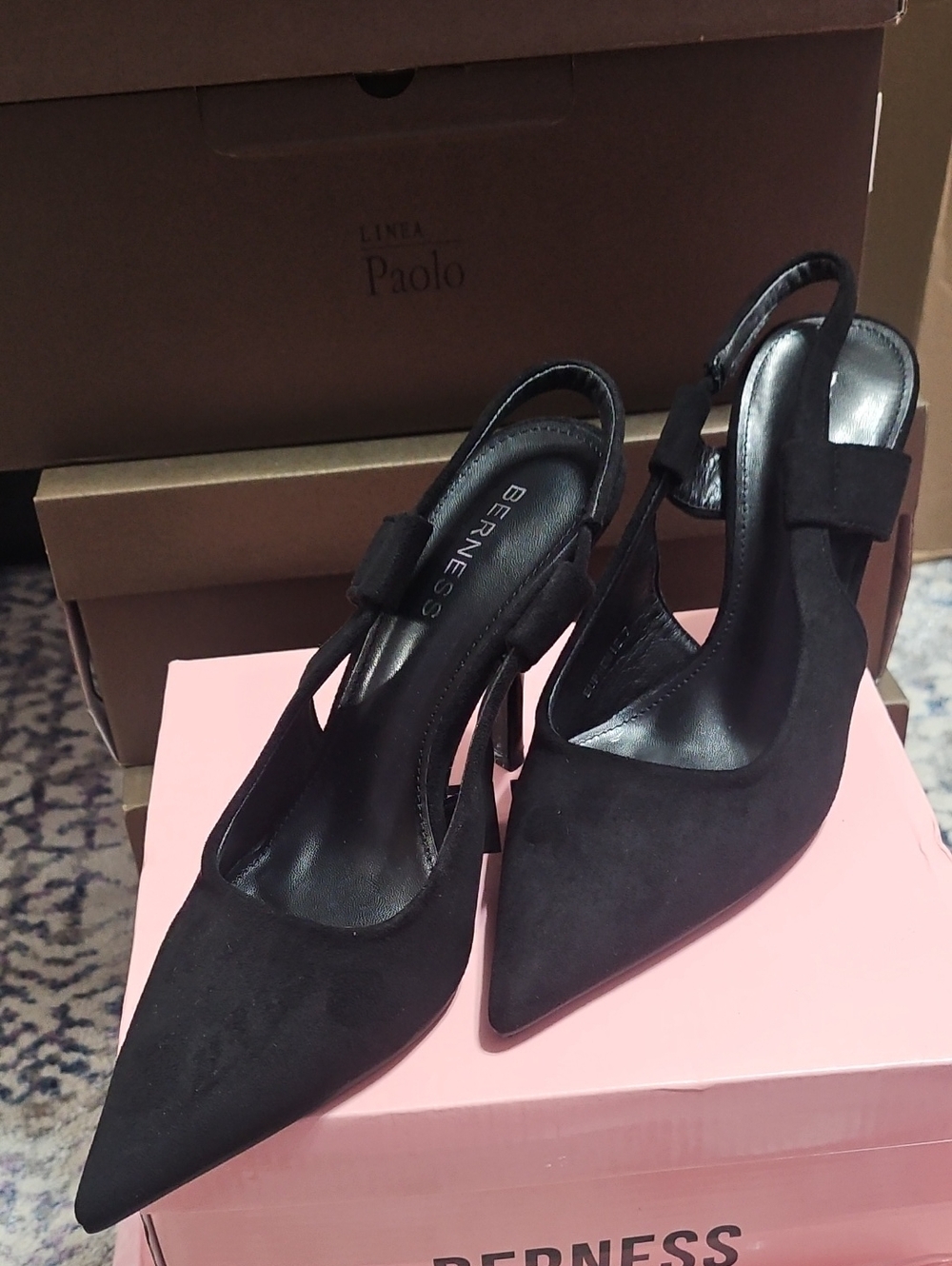 BERNESS Black Suede Pointed Slingback Heels with Ankle Strap